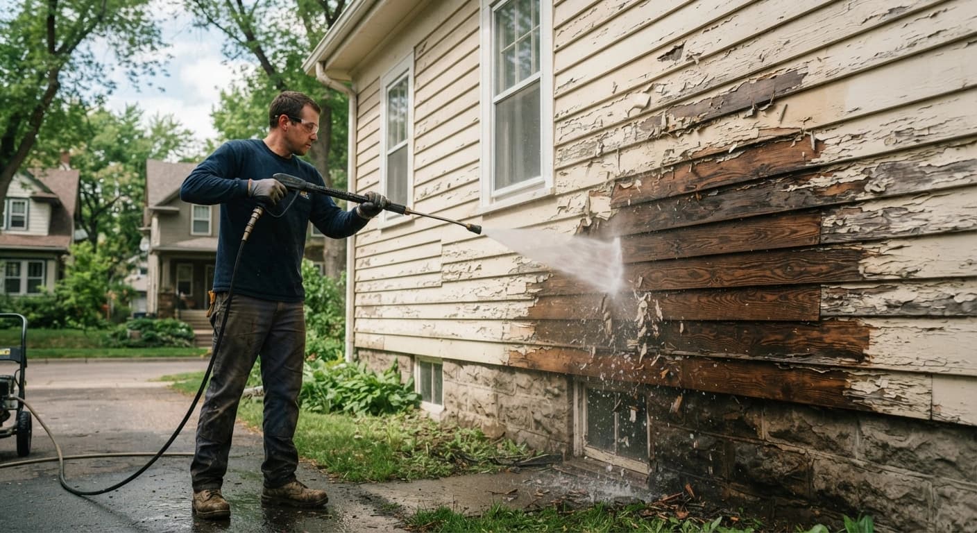 Pressure washing revealing peeling paint on wood siding of a Minneapolis home