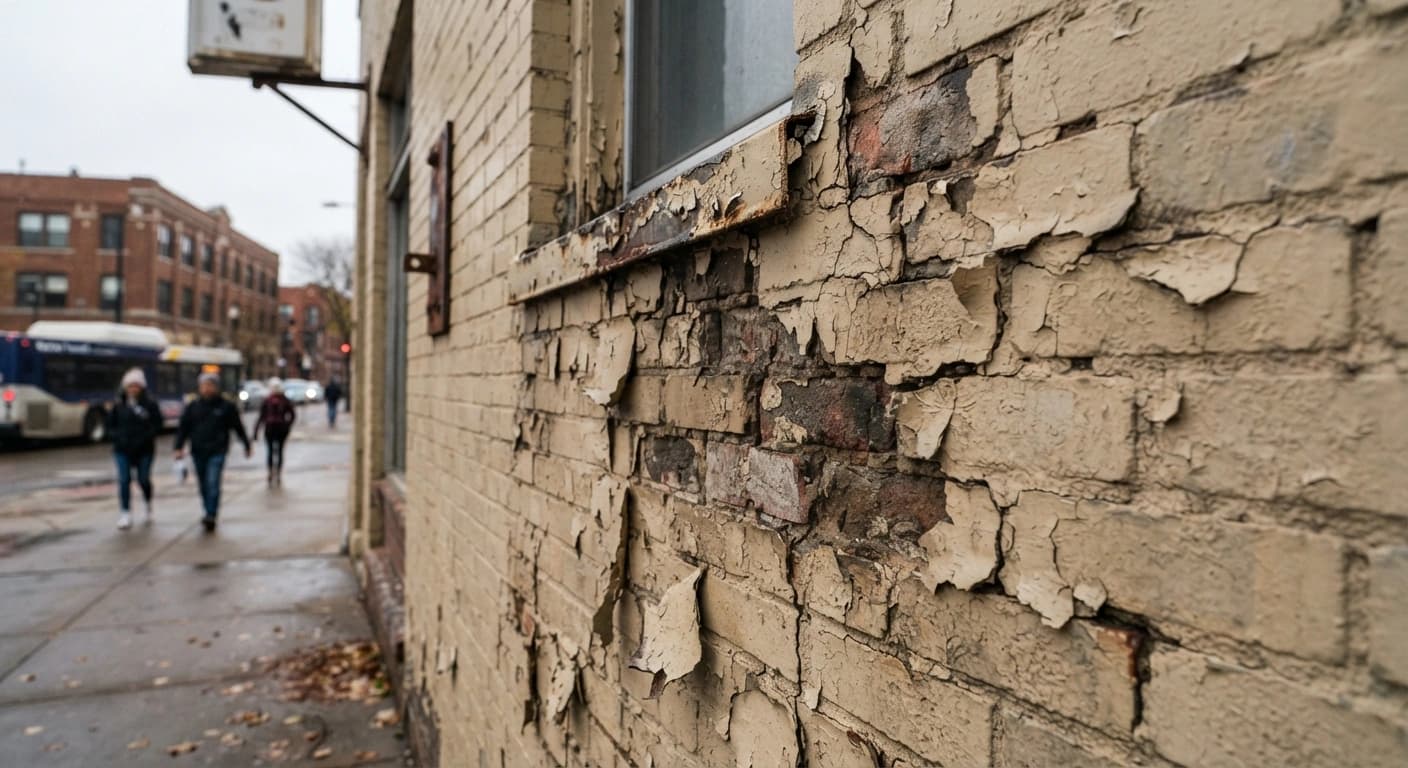 Peeling paint and surface cracking on a Twin Cities commercial building caused by freeze-thaw cycling