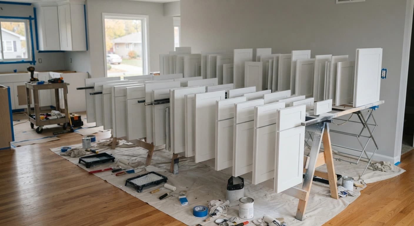 Kitchen cabinet doors drying on a rack after primer application in a Twin Cities home