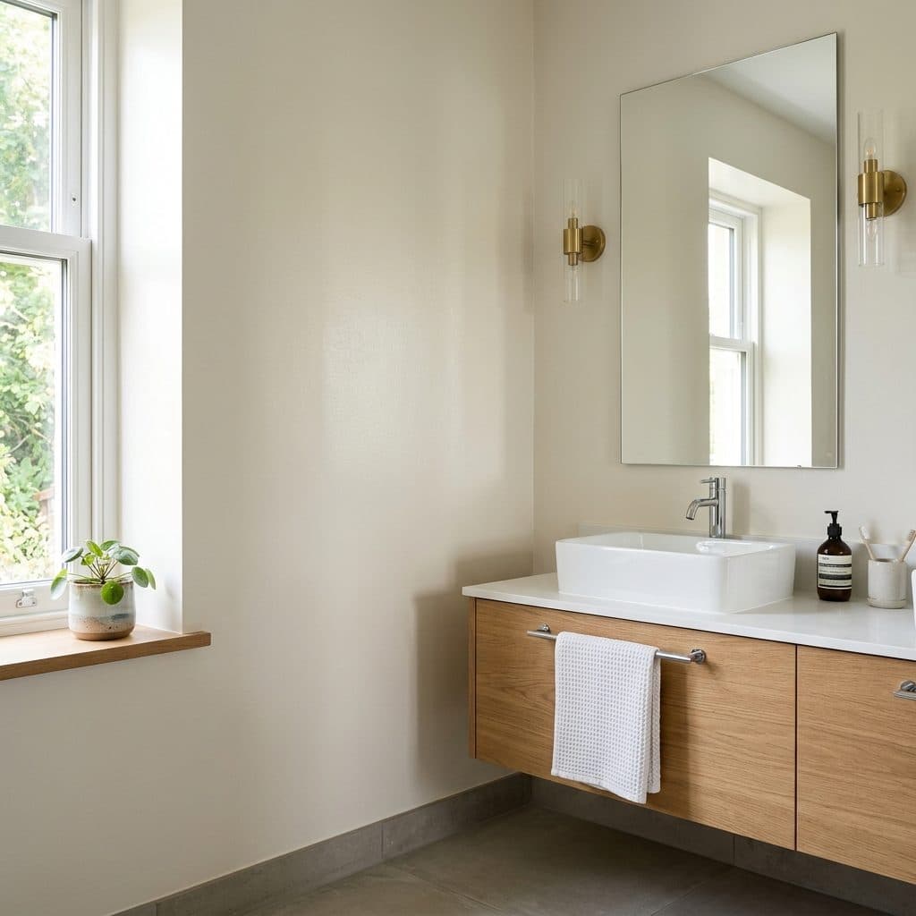 Freshly painted bathroom wall with visible sheen near a mirror and window