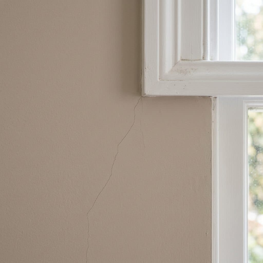 Close-up of a thin hairline crack on a painted interior wall