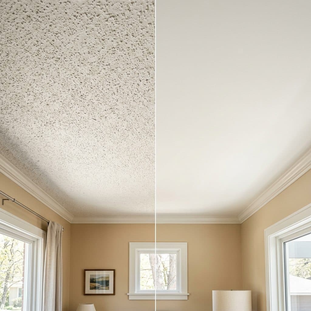 Popcorn ceiling before and after removal, showing textured ceiling on left and smooth painted ceiling on right.
